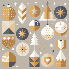minimalist Christmas seamless pattern using simple, modern shapes and lines. Focus on pared-down holiday elements like abstract Christmas trees, geometric snowflakes, and minimal gift boxes,