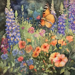 Watercolor painting of butterflies and flowers in the garden
