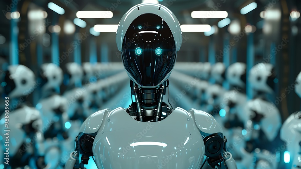 Poster close-up of a row of advanced robots in a futuristic factory. the robots are white and metallic with