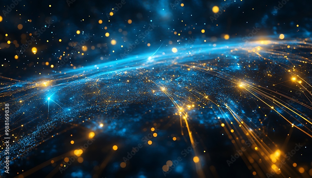 Poster complex web of global connections forming abstract world map with glowing nodes