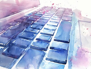 Watercolor painting of a close-up keyboard, typing text, enter information 