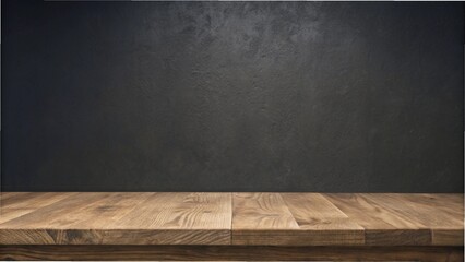  Empty oak tabletop against a black cement wall, creating a rustic backdrop for product displays and promotions.