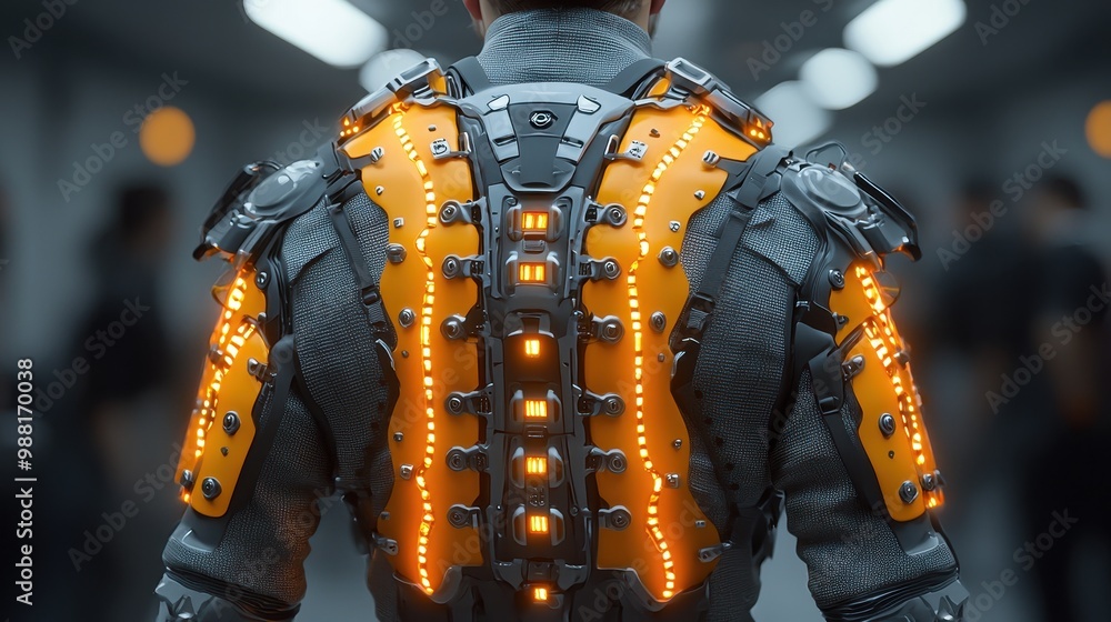 Poster futuristic cyborg exoskeleton with glowing lights