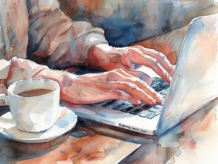 Watercolor painting of a person typing on a laptop computer, typing text, enter information 