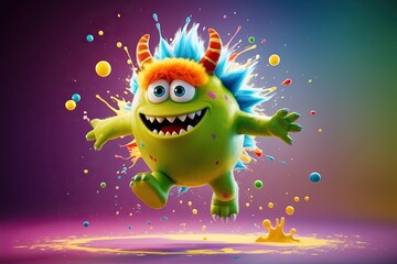 Naklejka premium Vibrant Colorful Chaos Monster Bouncing in Joyful 3D Animation with Whimsical Splashes of Color