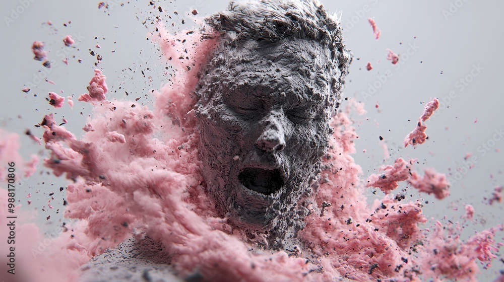 Poster Abstract  D Render of a Human Face Exploding into Pink Dust