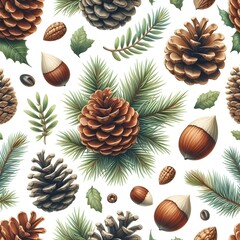 Fototapeta premium Pine and hazelnut fruit pattern design