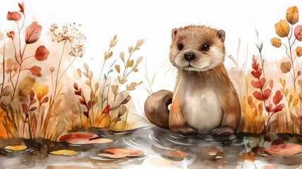 Otter Illustration in Watercolor Style. Beaver Illustration Isolated on White Background