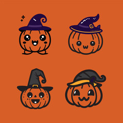 Cute Halloween Pumpkin Set Character Flat Vector