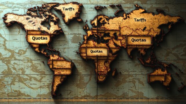 Global Trade and Tariffs Concept   Vintage World Map with Quotas and Tariffs