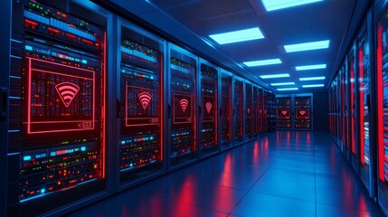 Fototapeta premium Futuristic Data Center with Neon Lights and Servers