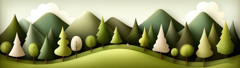 Stylized green landscape with mountains and trees.