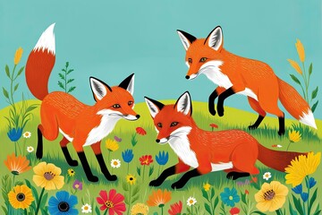 Obraz premium Vibrant Fox Illustrations in a Playful Meadow Full of Wildlife