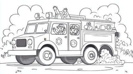 Fire Truck Coloring Page with Two Firefighters