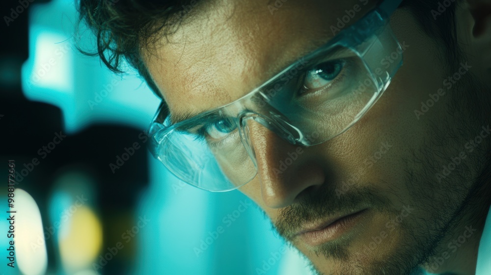Poster a scientist is intently analyzing a sample under a microscope, concentrating on the details of the s
