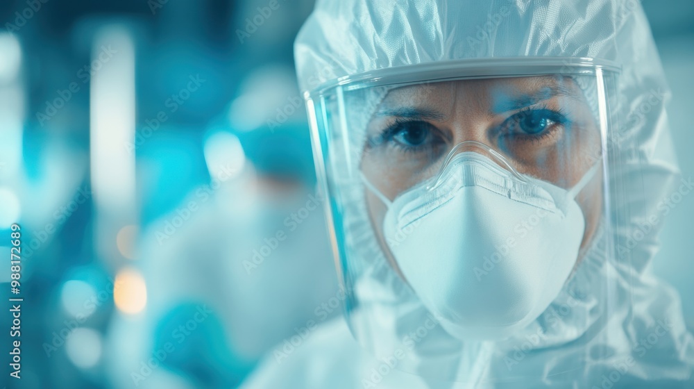 Poster a scientist wearing protective gear focuses on research tasks within a sterile laboratory setting