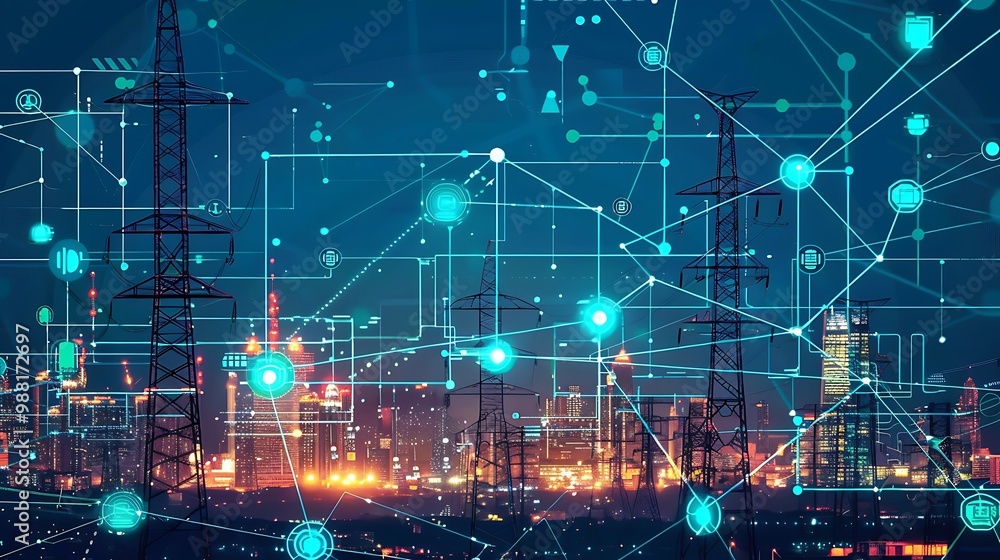 Poster futuristic illustration showing a city skyline with a digital overlay of a connected power grid netw