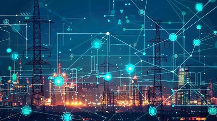 Fototapeta premium Futuristic illustration showing city skyline with digital overlay of connected power grid network for representing advanced energy management and smart infrastructure concept.