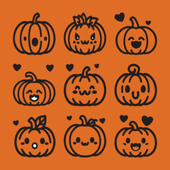 Cute Halloween Pumpkin Set Character Flat Vector
