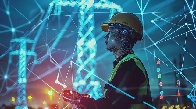 Worker in a construction vest and safety helmet looks towards the future of power with a digital overlay of a futuristic power grid in the background.