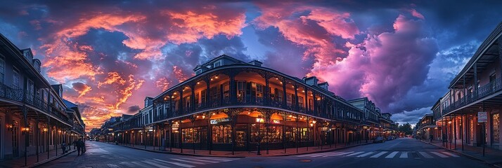 panoramic photo of the French Quarter in New Orleans, dramatic sky, colorful clouds, night scene