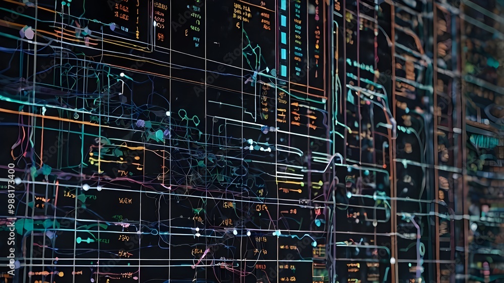 Poster a vibrant digital landscape featuring interconnected circuits and patterns, showcasing a matrix of n