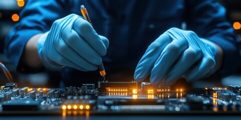 Technician working on circuit board, blue gloves