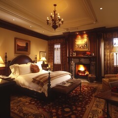 Fototapeta premium Interior of luxury hotel room suite with classic style fireplace AI generated image