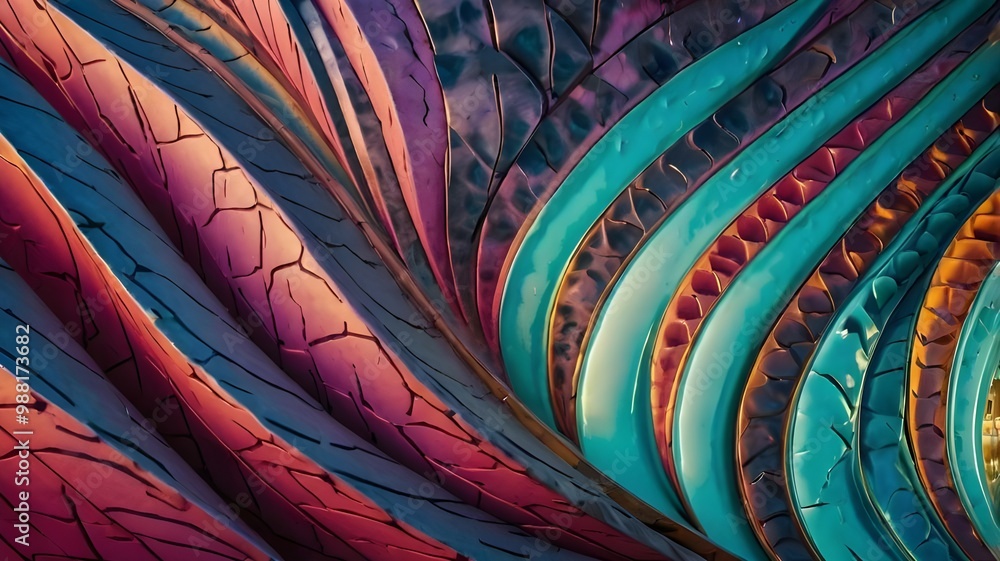 Poster colorful abstract background with wavy lines and leaf patterns, creating a vibrant and decorative de
