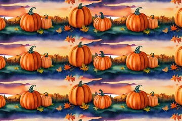 Watercolor Seamless Pattern of Orange Pumpkins in Autumn Dusk Landscape