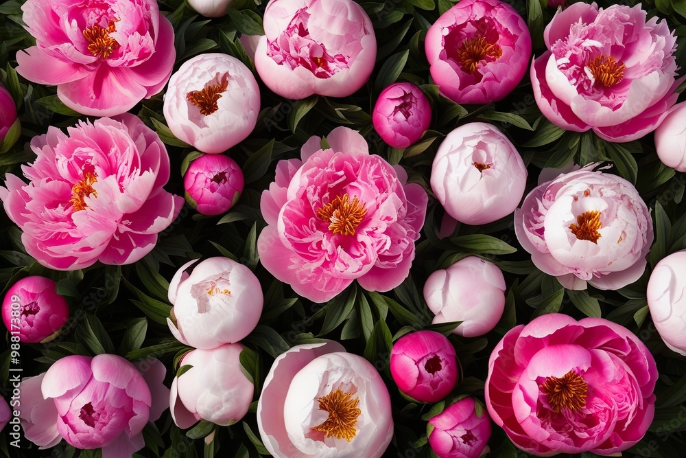 Poster isolated selection of pink peonies with realistic bloom and botanical detail