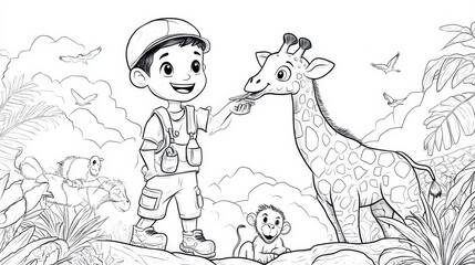 Obraz premium Boy Feeding a Giraffe in the Jungle
