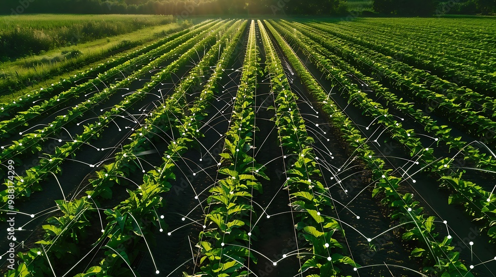 Poster aerial view of a field with an automated irrigation system, showing the rows of crops being watered.