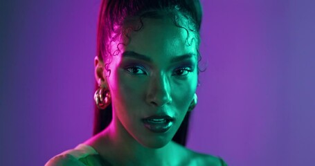 Face, girl and beauty with secret on neon background for glamour makeup, aesthetic gossip and drama news. Portrait, woman and privacy sign for cosmetic announcement, surprise emoji and lighting glow