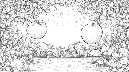 Oranges Hanging on a Branch in a Black and White Illustration