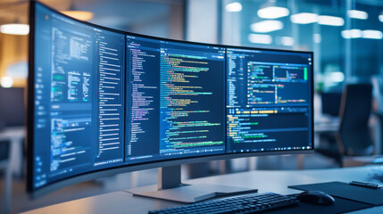 A sleek curved monitor displays website design in progress, showcasing vibrant code and modern workspace. atmosphere is focused and innovative, perfect for tech enthusiasts