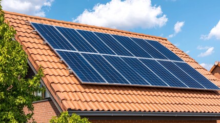 Solar Panels on a Residential Roof Under Blue Sky
