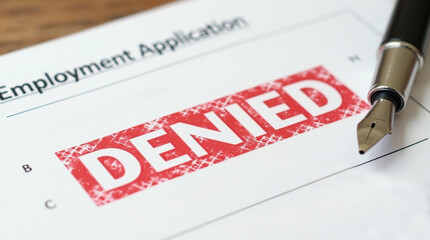 Obraz premium Red denied stamp on employment application form with pen