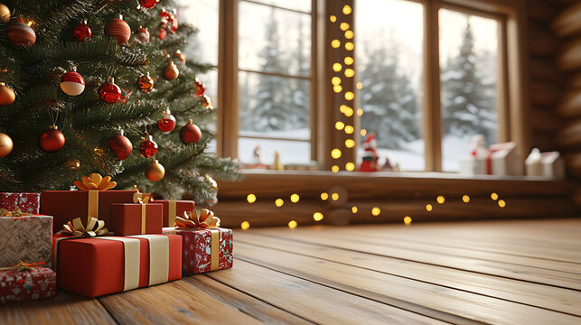 ultra realistic, table top, freepik style, cosy wood cabin, near a christmas tree, with colorful gifts