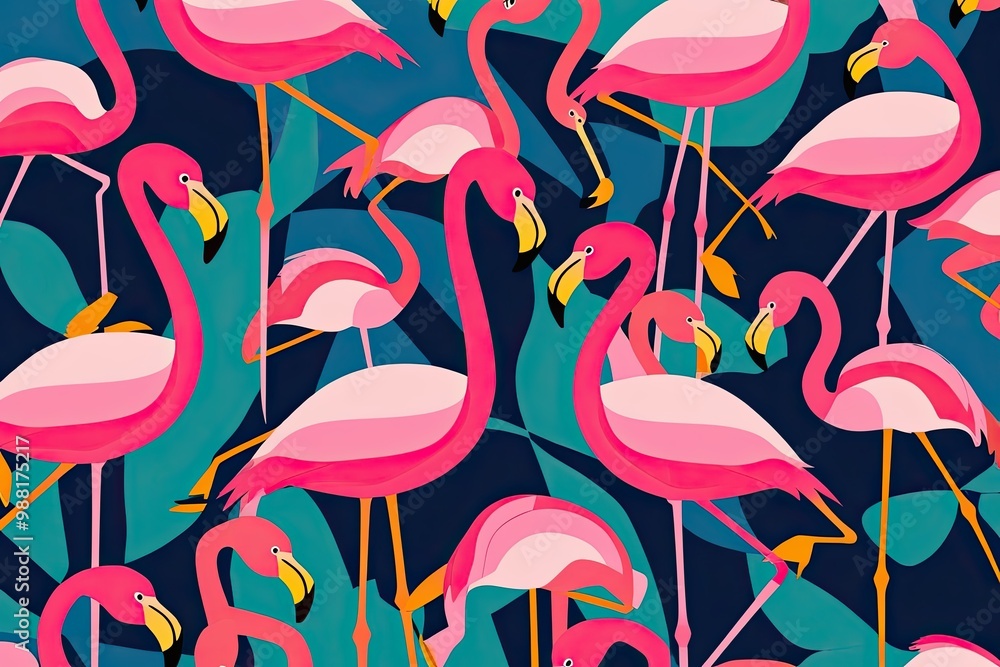 Poster vibrant flying flamingos in abstract block print style