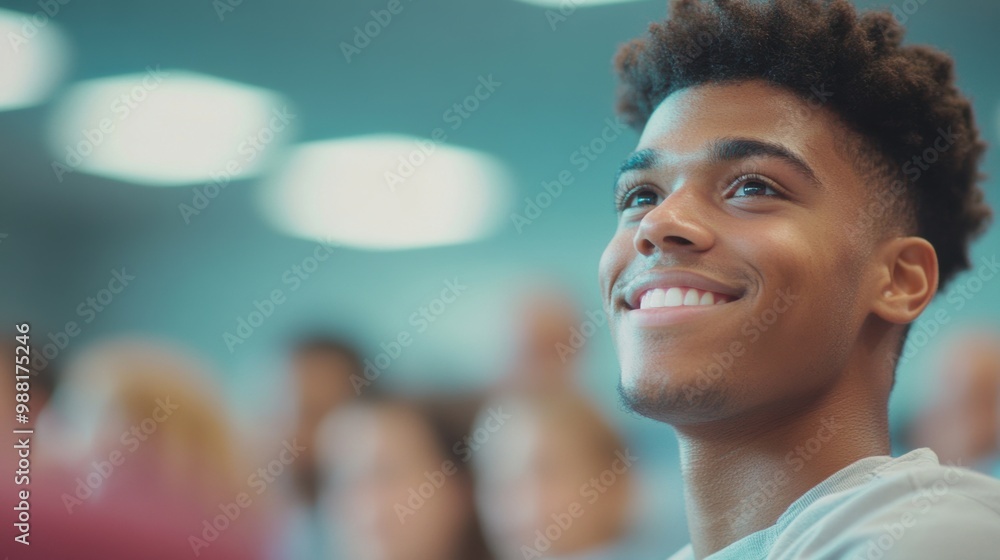 Poster a student enjoys a lecture, exuding enthusiasm and positivity in a packed university lecture hall
