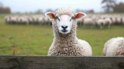 Sheep Looking Over Fence with Flock in Background