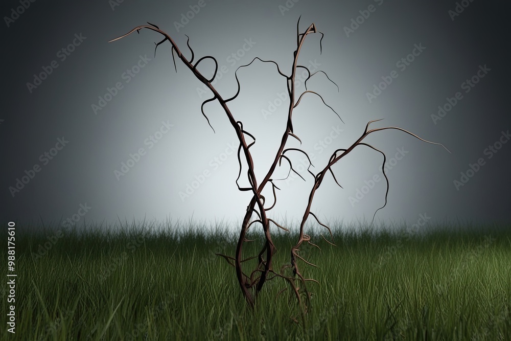 Poster 3d rendering of isolated lifeless vines and sparse grass on dim background