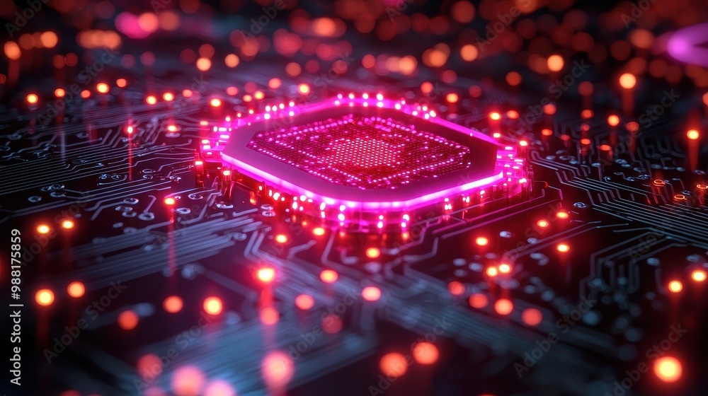 Poster glowing cpu on motherboard with circuitry and red lights