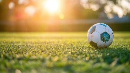 Fototapeta premium A solitary soccer ball sits on lush green grass, basking in the warm sunlight of an afternoon at the stadium