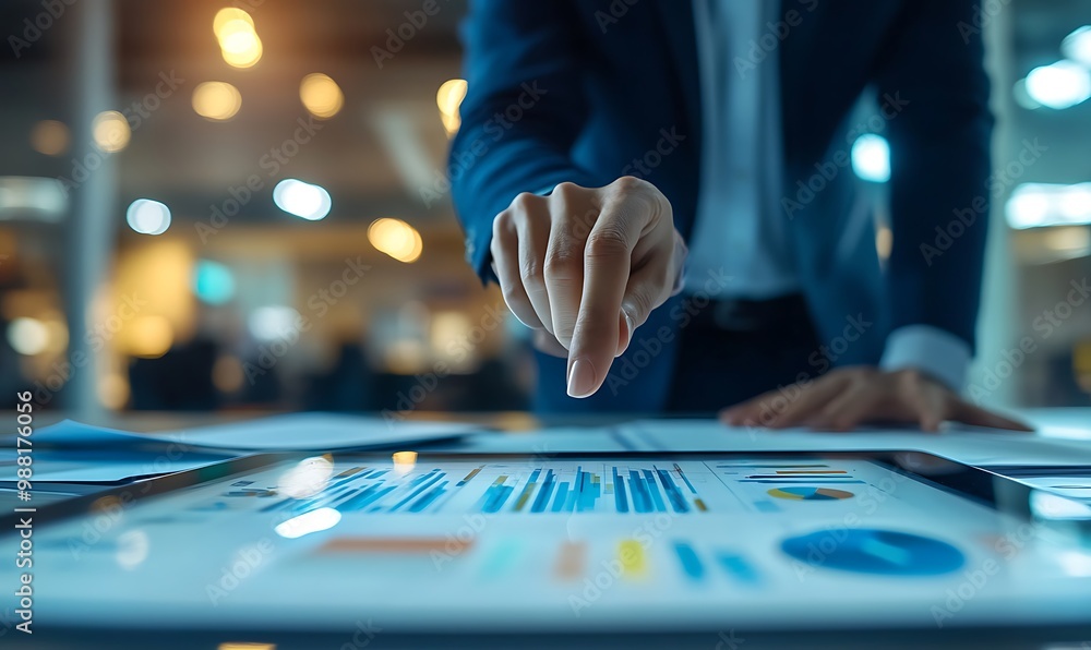 Poster Manager Pointing at Digital Chart on Tablet in Professional Office Setting