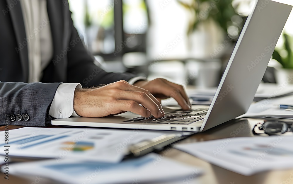 Poster manager adjusting digital presentation on laptop with reports in minimalist office