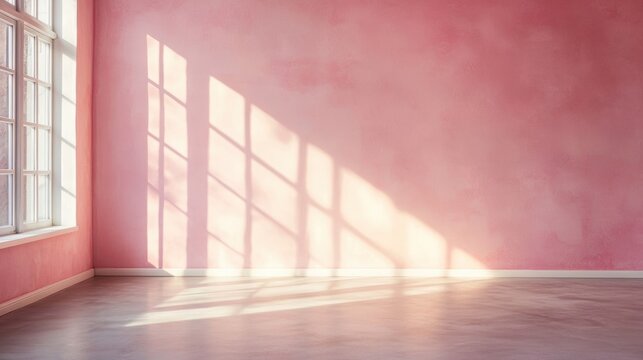 Soft sunlight gently illuminates a pink wall, casting intricate shadows on the floor in a calm and empty interior