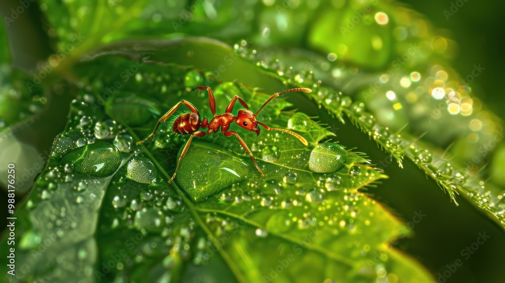 Canvas Prints ant on a dew-covered leaf