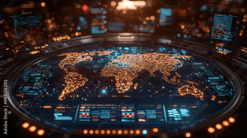 Poster futuristic digital world map interface with network connections